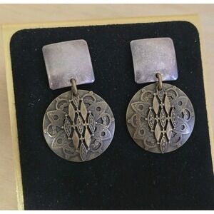 Vtg Marjorie Baer SF Mixed Metal Two Tone Modernist Fllagree Dangle Earrings